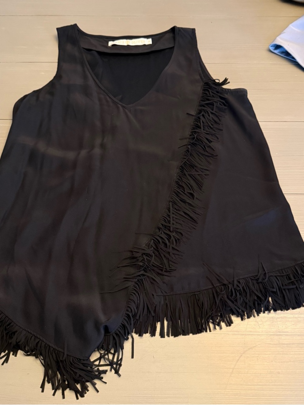 Marie Oliver Black Silk Fringe Sleeve V Neck Short Tunic Shirt Dress